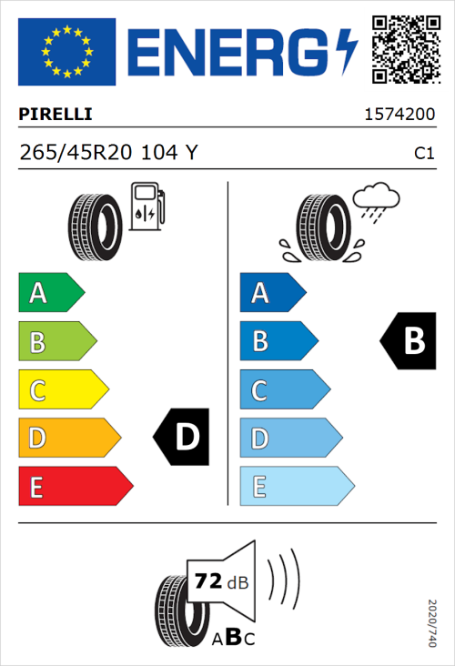 Tyre Label for Pirelli P Zero Rosso Asimmetrico 265/45R20 104Y